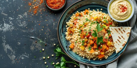 Moroccan Vegetable Couscous with Pita Bread and Hummus on Nordic Design Plate Top View with Copy Space