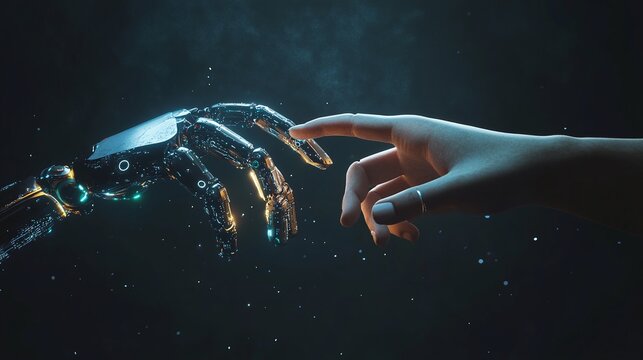 3D rendering of robot hand vs human hand touching digital world and virtual graphic interface and artificial intelligence, World communication concept