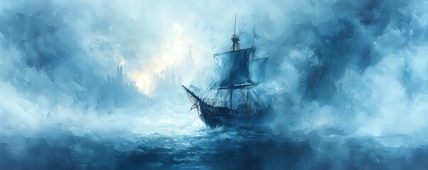 Fototapeta premium Ghostly ship, sailing through mist, gothic adventure, Watercolor style