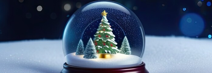 Beautifully decorated Christmas tree encased in a snow globe, set against a blurred festive background. The snow globe sits on a snow-covered surface, creating a magical winter wonderland scene.