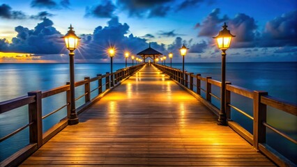Fototapeta premium A tropical beach pier at night with lantern lights illuminating the way , Tropical, beach, pier, summer
