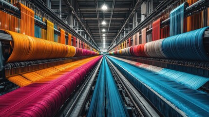  Modern textile factory with vibrant rolls of fabric in pink, orange, blue, and other colors, stretching across an automated production line.