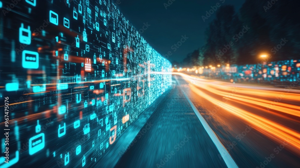 Poster digital data flow on road with motion blur to create vision of fast speed transfer . concept of futu