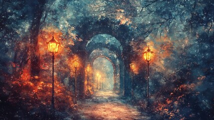 Fototapeta premium Gothic archway, flickering lanterns, winding path, Watercolor style
