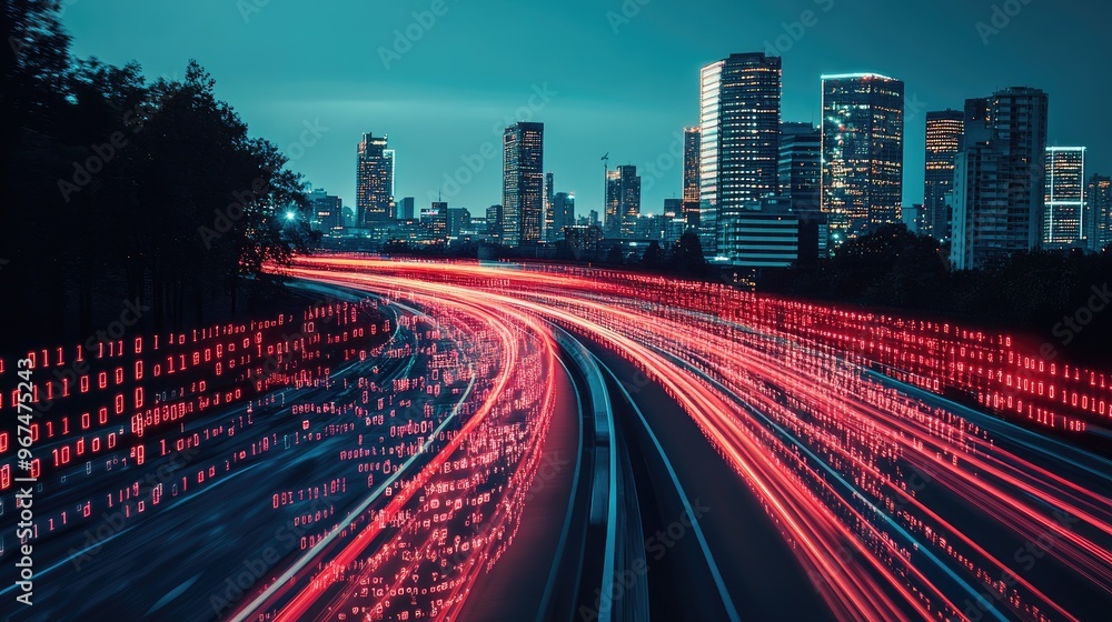 Poster digital data flow on road with motion blur to create vision of fast speed transfer . concept of futu
