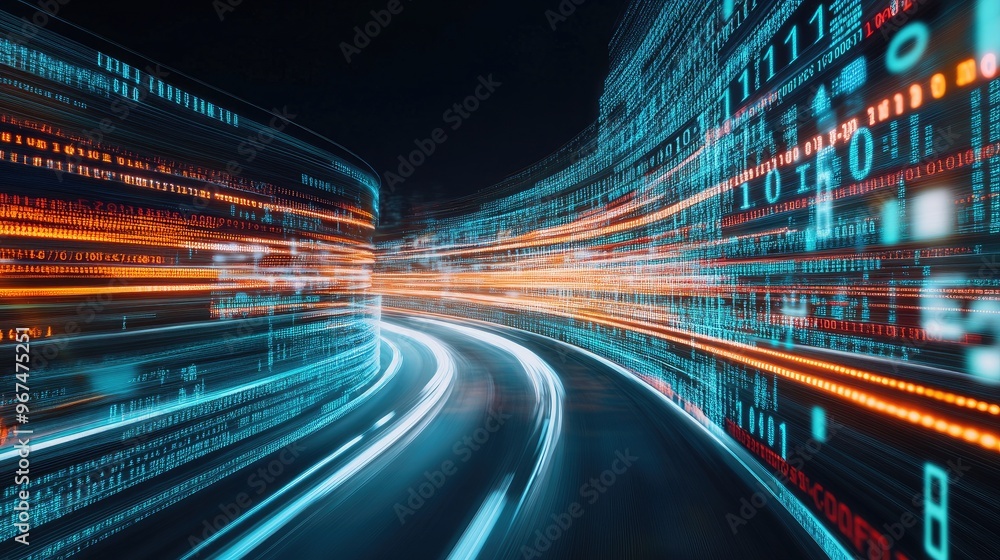 Poster digital data flow on road with motion blur to create vision of fast speed transfer . concept of futu