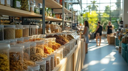 Fototapeta premium Sunlit market aisle filled with containers of grains, spices, and dried goods offers a vibrant display of healthy, organic food options for shoppers.