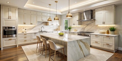 Soft white marble surfaces with subtle veining and gentle sheen blend seamlessly into modern kitchens, exuding understated elegance and timeless sophistication.