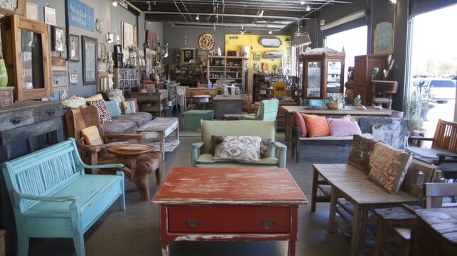 Eclectic vintage store interior showcasing unique furniture and decor in a lively setting