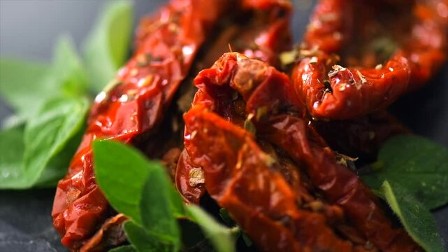 Dried tomatoes with aromatic herbs, oregano, marjoram leaf. Rotating on black stone background, close up. Italian cuisine, healthy vegan food, Mediterranean diet. Dry tomato. 