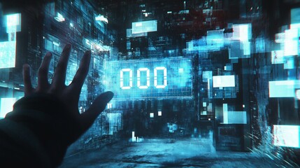 Countdown timer distorts reality as a hand reaches out in a high-tech, fragmented digital landscape