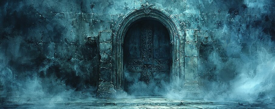 Gothic crypt door, heavy iron, obscured by mist, Watercolor style