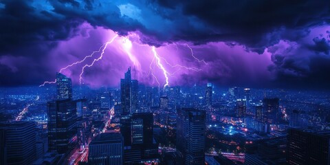 A dramatic thunderstorm illuminates the city skyline with vibrant lightning strikes against a dark, moody sky.