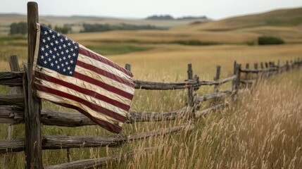 A weathered American flag gently flaps in the breeze, draped over a rustic wooden fence within a serene countryside setting