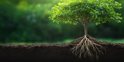 A lush green tree stands tall, showcasing its roots deep in rich soil, symbolizing life and strength in nature.