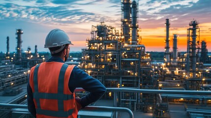 Fototapeta premium engineering man with safety helmet standing at smart factory background against oil refinery plant in heavy petrochemical industrial estate