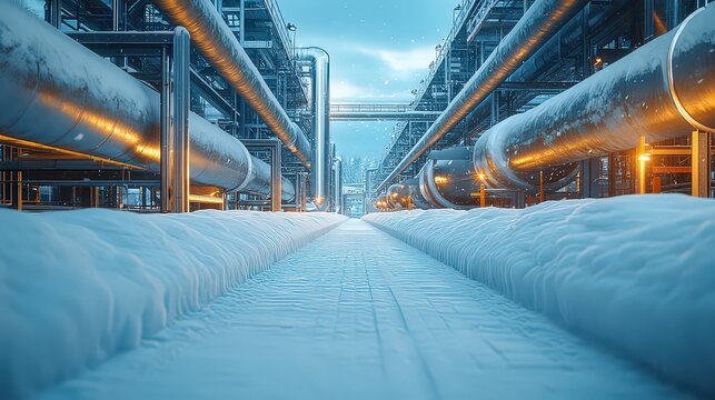  Industrial pipes covered in frost during cold winter. Structures run parallel, creating symmetry in the frigid landscape.