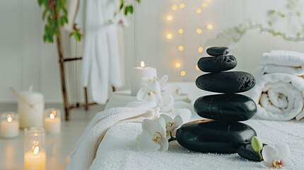 black hot stones for massage, with serene spa elements like candles and towels
