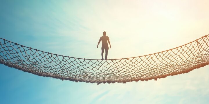 A person standing confidently on a suspended net high above, basking in the warm glow of a serene sky.