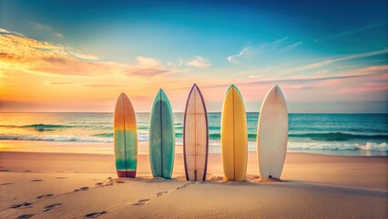 Surfboards lined up on a sandy beach with pastel colors , surfboards, beach, sand, pastel,...