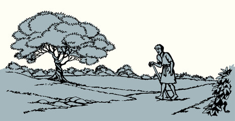 Vector drawing. Poor man going by the road