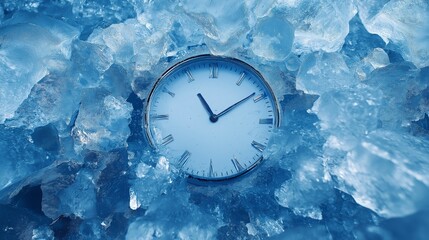 Melting ice clock with a blank dial represents the urgency of time passing in a frozen environment
