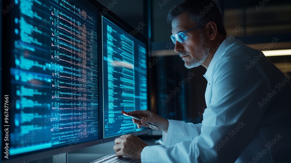 Aufkleber a researcher analyzes complex data on multiple screens in a modern lab during nighttime hours