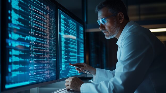 A researcher analyzes complex data on multiple screens in a modern lab during nighttime hours