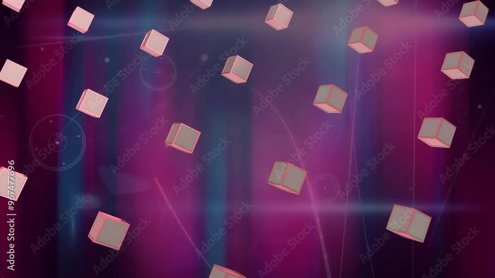 Poster animation of rows of 3d cubes over glowing light trails moving over dark background
