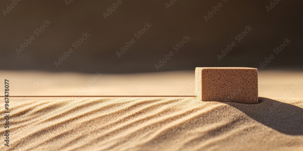 Poster a solitary block resting on textured sand, highlighting natural patterns and warm light in a serene 