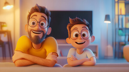 Fototapeta premium Cute child and father cartoon characters are watching