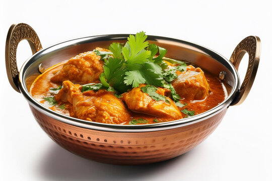 Chicken curry with fresh coriander in a balti bowl, cut out on white background.