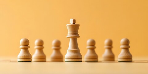 A striking arrangement of wooden chess pieces set against a vibrant yellow background, highlighting the king and pawns.