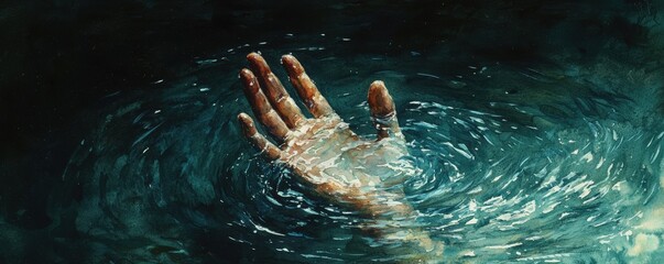 Pale hand, reaching from a dark pool, grasping for light, Watercolor style