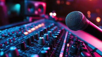 A microphone and mixer in a professional radio station, with hosts preparing for a live broadcast.