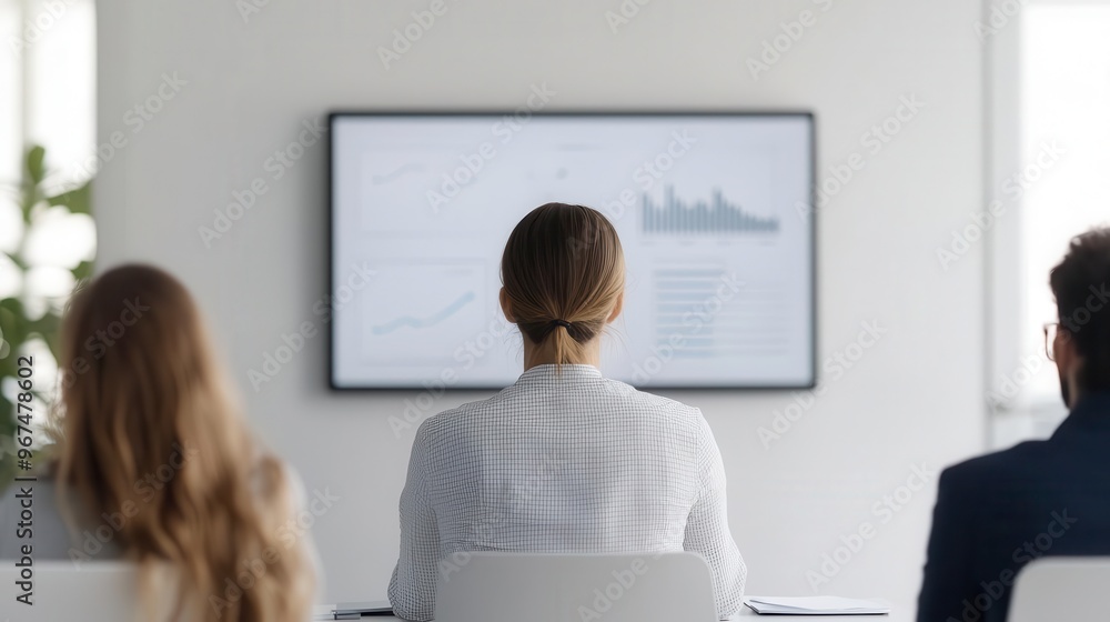 Wall mural business team in a meeting with a virtual display showing scalable business solutions, symbolizing t