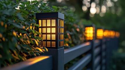 Obraz premium Decorative outdoor lanterns glowing on fence, providing warm light and enhancing the beauty of the garden during the twilight hours.