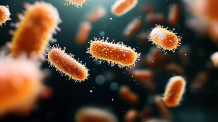 Fototapeta premium Close-up view of orange bacteria or microorganisms with hair-like structures floating in a dark background, showcasing a microscopic perspective of bacterial life.
