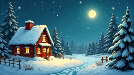 Fototapeta premium Cozy Winter Night in a Snowy Forest with Full Moon and Cabin Illustration