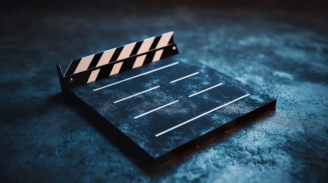 a clapperboard with visible empty fields for production details and a classic clapper mechanism isolated on a dark background