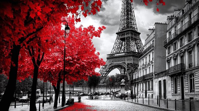 Fototapeta Street-level view of Paris showcases the Eiffel Tower in black and white with a splash of red, adding to its allure.