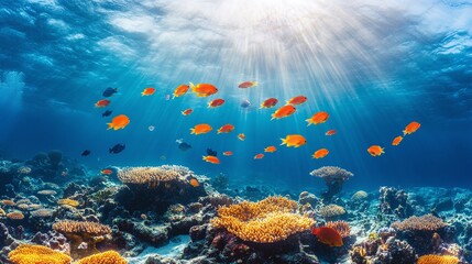 Fototapeta premium Underwater coral reef landscape wide panorama background in the deep blue ocean with colorful fish and marine life