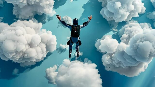 Person skydiving among fluffy clouds in a bright blue sky