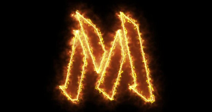 4K fire M alphabet on black background. M alphabet fire moving outline for an online shop, blog, web, cafe, and hotel on a black BG.Technology video material animation. Easy to use in any video.