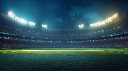 Vibrant cricket stadium aglow with fans in nocturnal view, part of contemporary sports complex in 3D rendering.