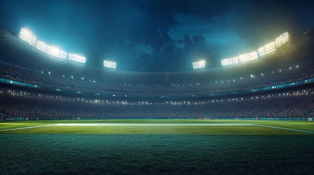 Vibrant cricket stadium aglow with fans in nocturnal view, part of contemporary sports complex in 3D rendering.