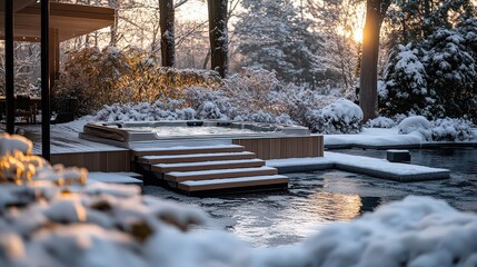  Outdoor hot tub surrounded by snow, creating a serene and cozy winter retreat in a beautifully designed backyard space.