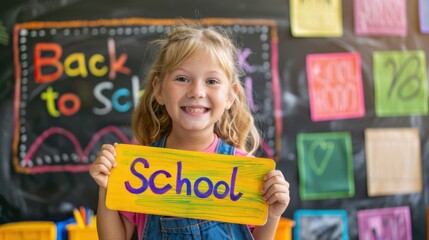 Happy child holding Back to School sign in colorful classroom with chalkboard background. Education, elementary school, learning, first day of school, primary education, childhood, school supplies