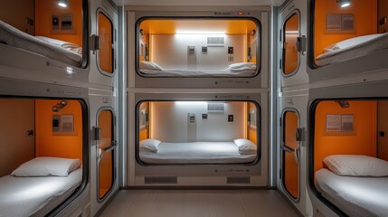 Dorm featuring individual lockable sleeping pods with ventilation, lighting controls, and small safes, offering personal space and security for residents.


