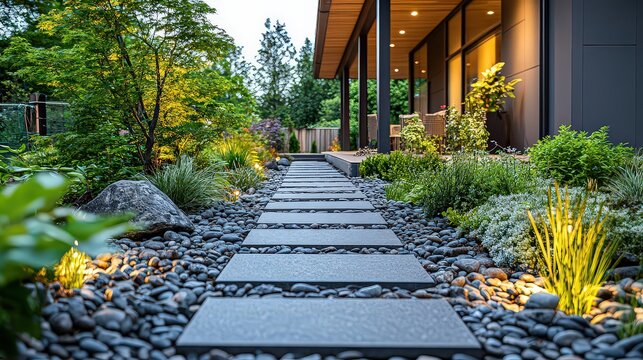 Stone or gravel pathways wind through the garden, bordered by solar lights and low-growing plants, guiding guests and enhancing the beauty of outdoor spaces.

